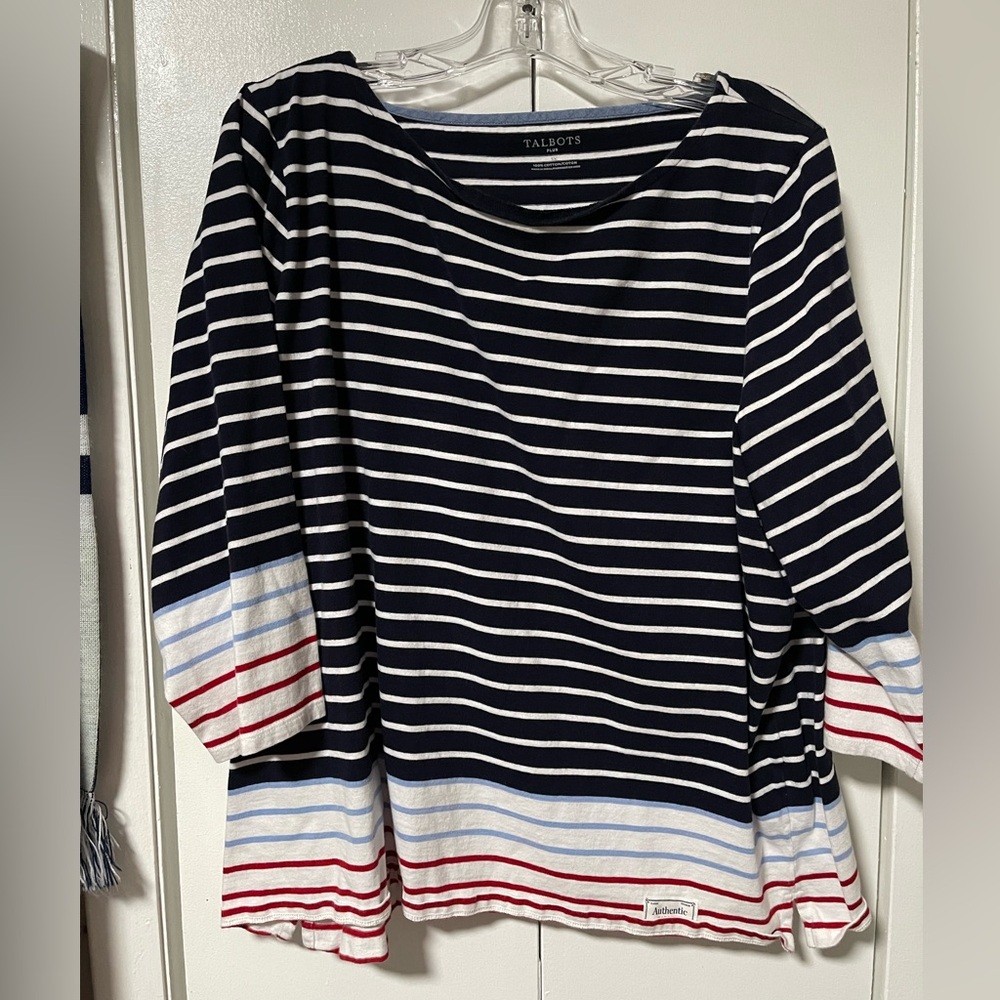 Vintage 90s Talbots Navy and White Striped 3/4 Sleeve Top